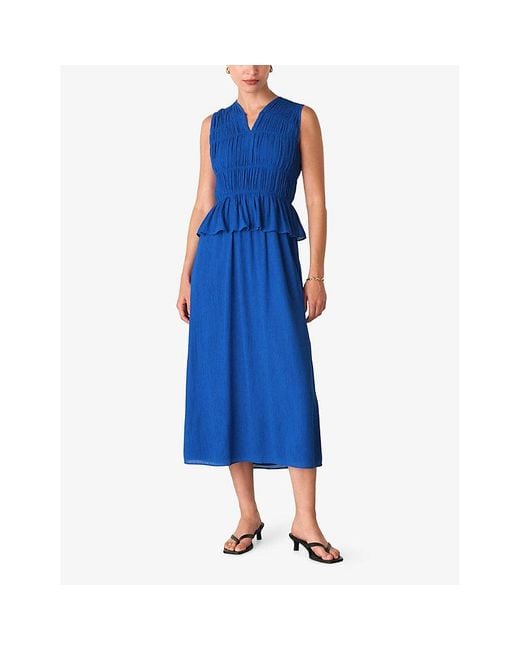 Whistles Blue V-Neck Shirred Sleeveless Woven Midi Dress