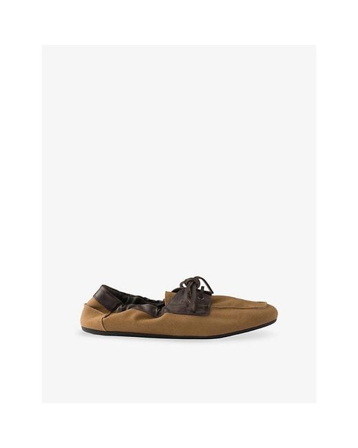 Prada Brown Shuffle Aged-Canvas And Leather Boat Shoes for men