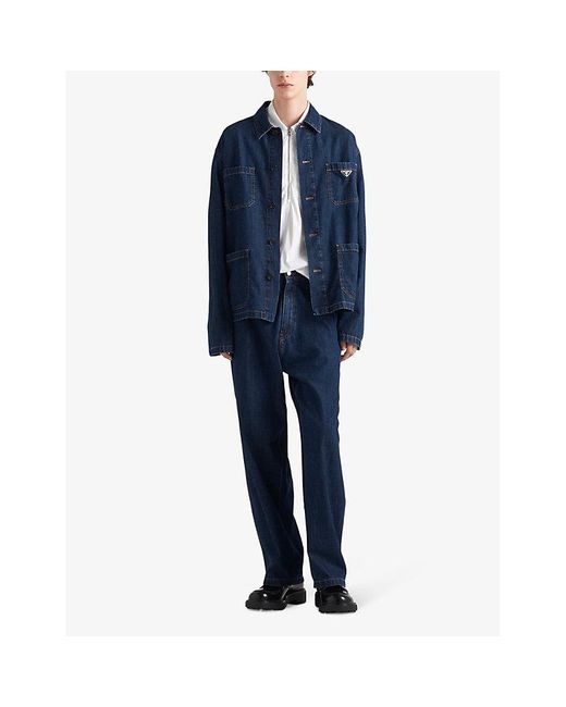 Prada Blue Brand-plaque Multi-pocket Regular-fit Washed-denim Blouson Jacket X for men