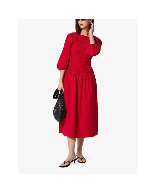 Whistles Red Smocked-Bodice Long-Sleeve Woven Midi Dress