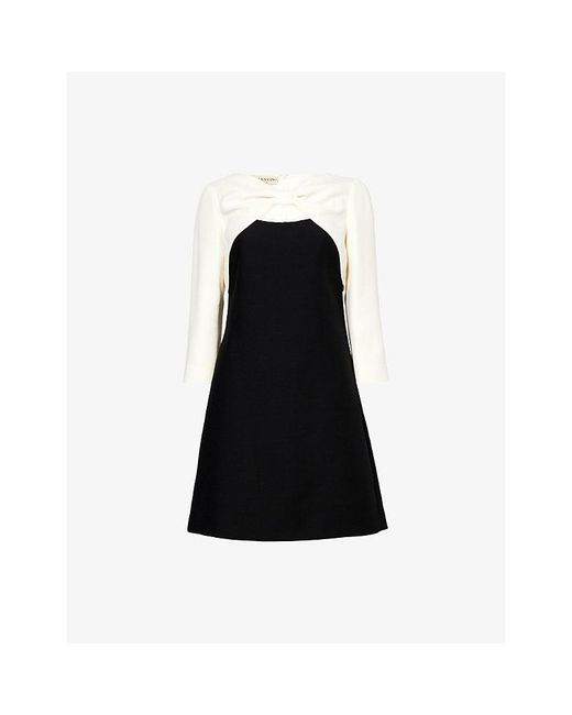 Valentino Garavani Black Bow Long-Sleeves Wool And Silk Mini Dress