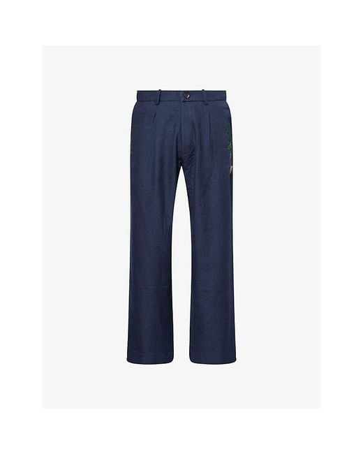 Kartik Research Blue Pleat Embroidered Wool Trousers for men