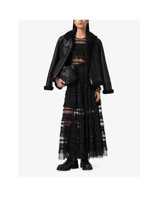 AllSaints Black Lorel Wool-Trim Regular-Fit Sheepskin Jacket