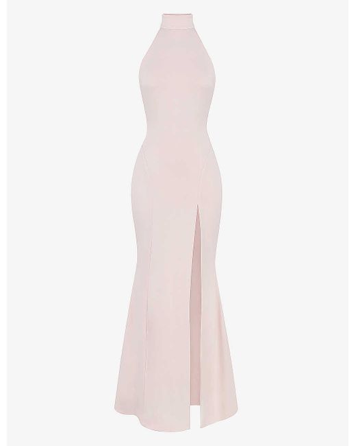 House Of Cb Pink Juliette Halter-neck Split-hem Stretch-woven Maxi Dress