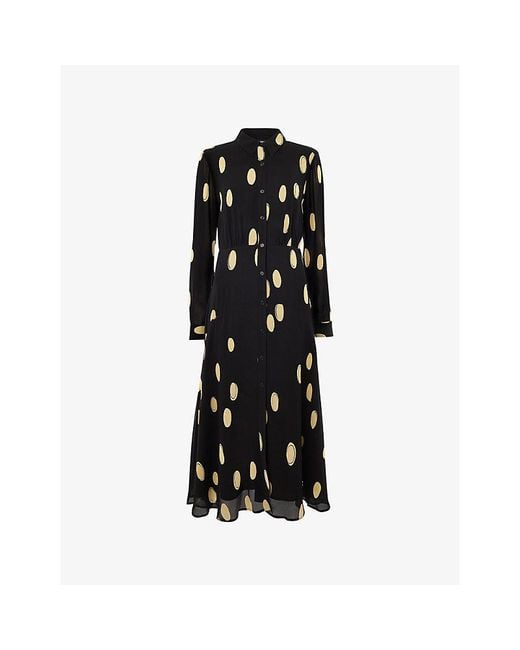 Whistles Black Polka-Dot Long-Sleeved Woven Midi Dress