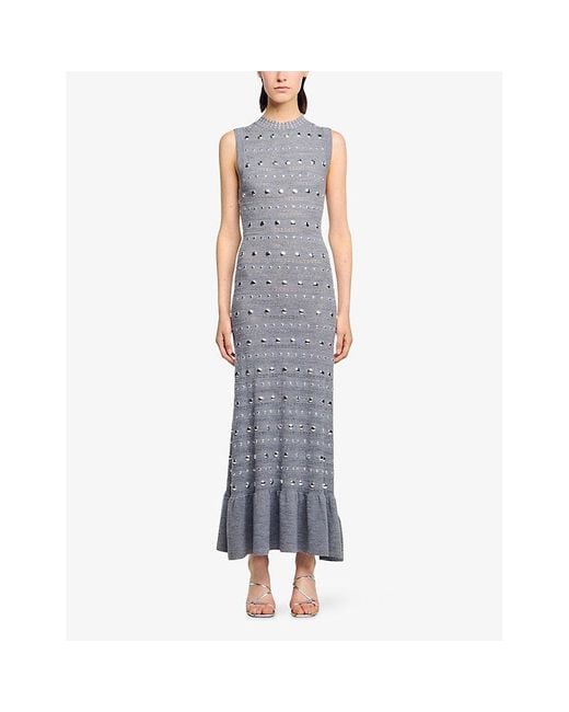 Sandro Gray Studded Ruffled-Hem Stretch Pointelle-Knit Maxi Dress