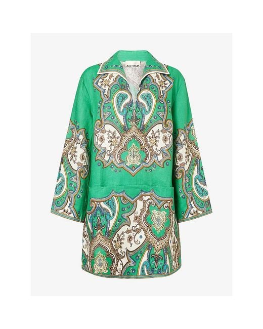 ALÉMAIS Green Porter Printed Linen Mini Dress