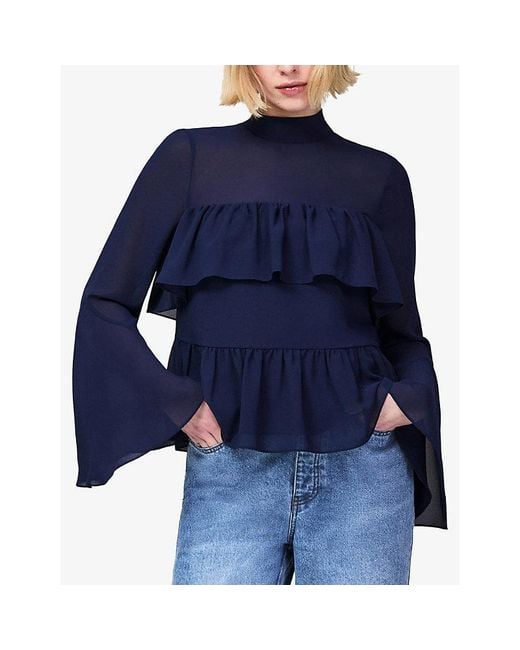 Ro&zo Blue Frill-Trim Long-Sleeve Chiffon Blouse