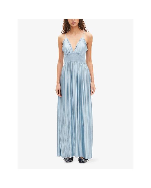 The Kooples Blue V-Neck Shirred-Waist Woven Maxi Dress
