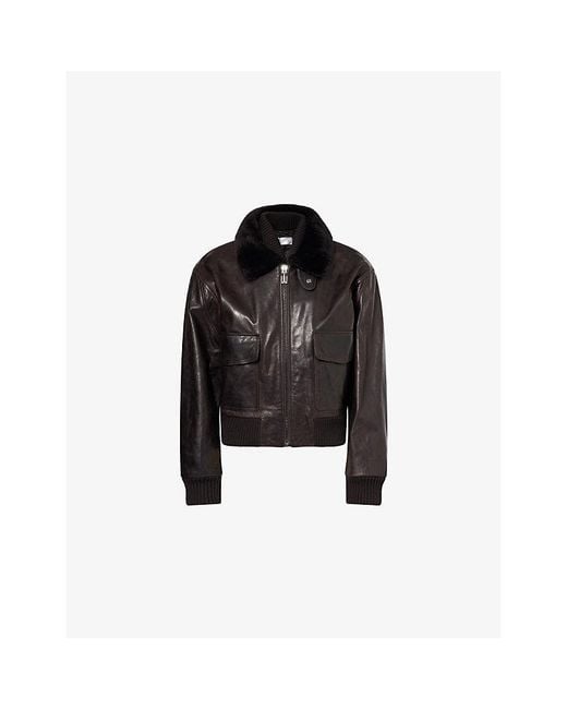 Victoria Beckham Black Shearling-Collar Leather Aviator Jacket