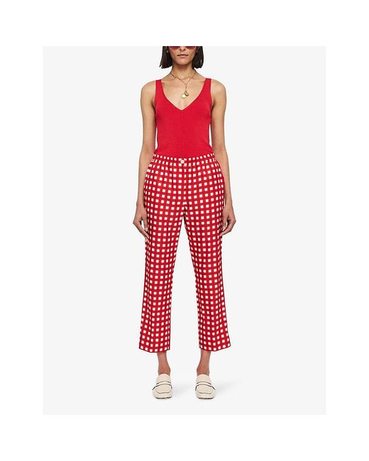 Joseph Red Tottenham Graphic-print High-rise Cotton And Silk-blend Trousers