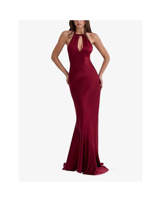 House Of Cb Red Oliviana Halter-Neck Satin Maxi Dress