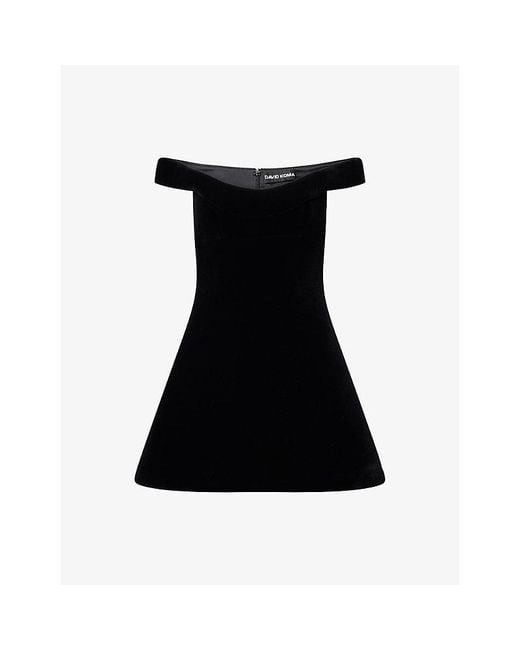 David Koma Black Off-Shoulder Flared Velvet Mini Dress