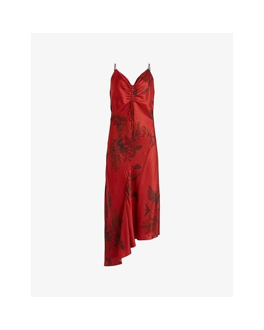AllSaints Red Alexia Floral-print Silk Midi Dress