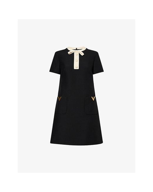 Valentino Black Bow-Embellished Short-Sleeves Wool And Silk Mini Dress