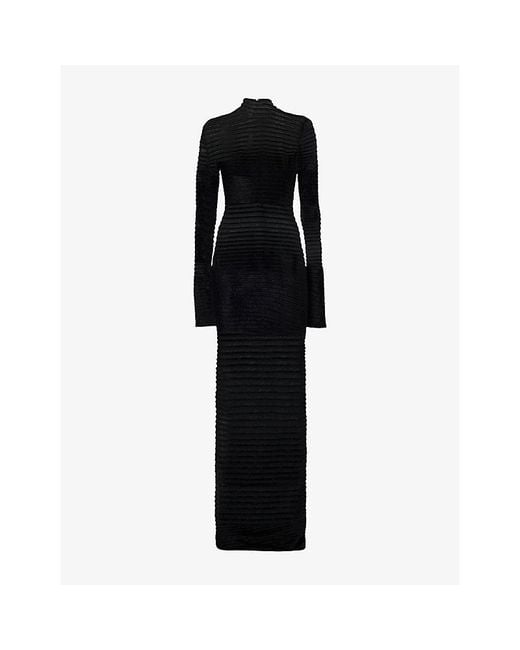 Mugler Black Striped Ribbed Long-Sleeves Woven Gown