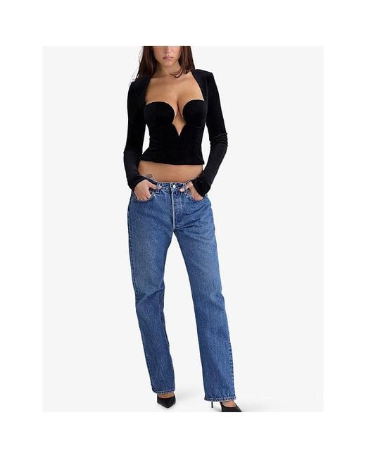House Of Cb Black Sierra Long-Sleeve Velvet-Jersey Corset Top