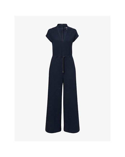 ME+EM Blue Patch-Pocket Textured Cotton-Blend Jumpsuit