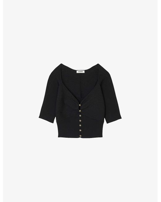 Sandro Black Sweetheart-neck Cropped Stretch-woven Cardigan