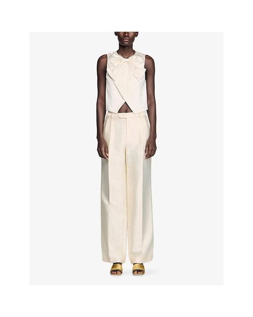 Sandro Natural Bow-Appliqué Cropped Satin Top