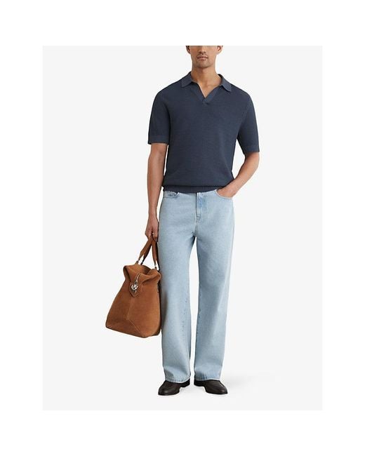 Reiss Blue Leon Open-Collar Textured Cotton-Blend Polo for men