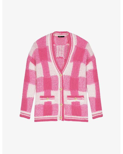 Maje Oversized Checked Jacquardknit Cardigan in Pink Lyst