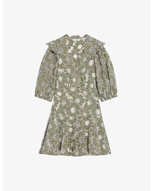 Sandro Green Audrey Floral-embroidered Cotton Mini Dress