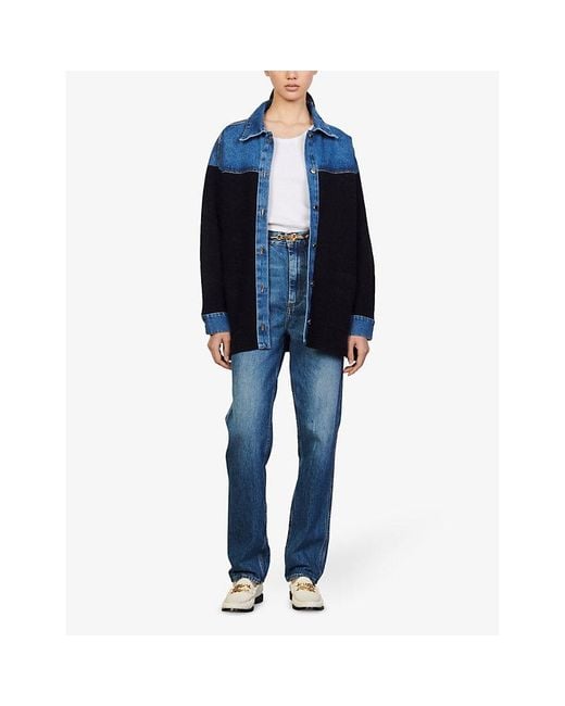 Sandro Blue Oversized Knitted And Stretch-denim Jacket
