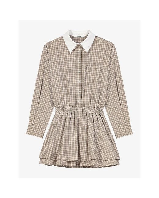 Maje Brown Checked Rhinestone-Embellished Cotton Mini Dress