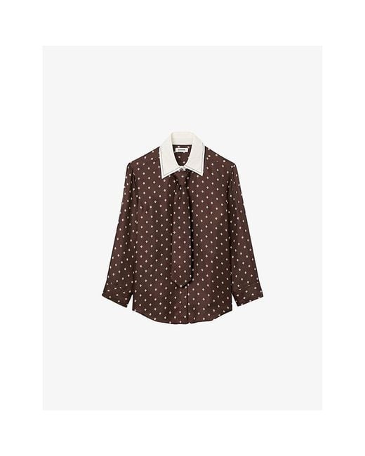 Sandro Brown Floaty Patterned Silk Shirt
