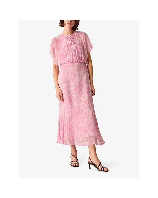 Whistles Pink Dashed Brush Marks Gathered Woven Midi Dress
