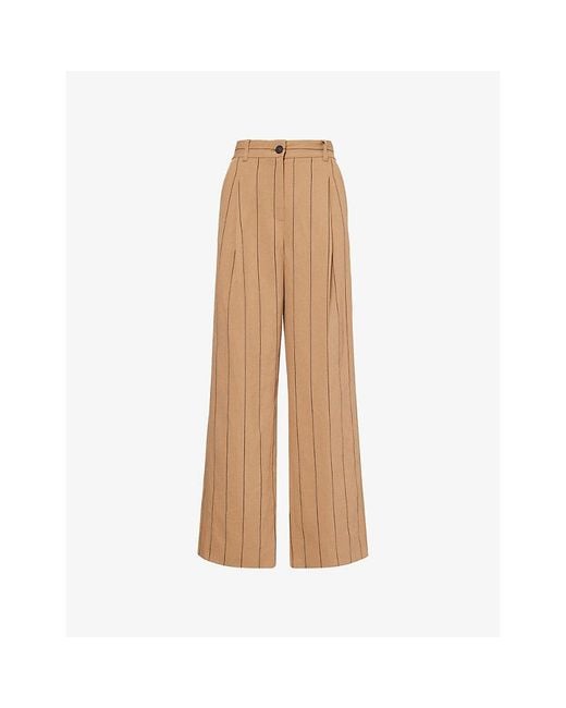 ME+EM Natural Pinstripe-Print Relaxed Straight-Leg Linen-Blend Trousers