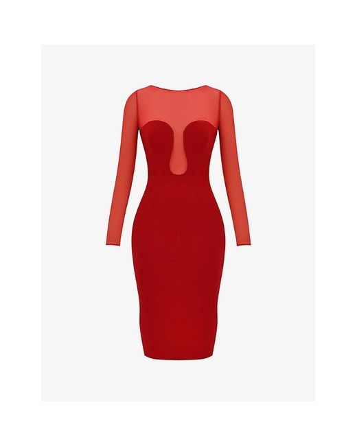 House Of Cb Red Darcy Plunge-neck Woven Midi Dress