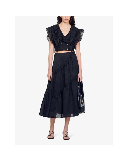 Sandro Black Christina Tiered-panel Linen-blend Maxi Skirt