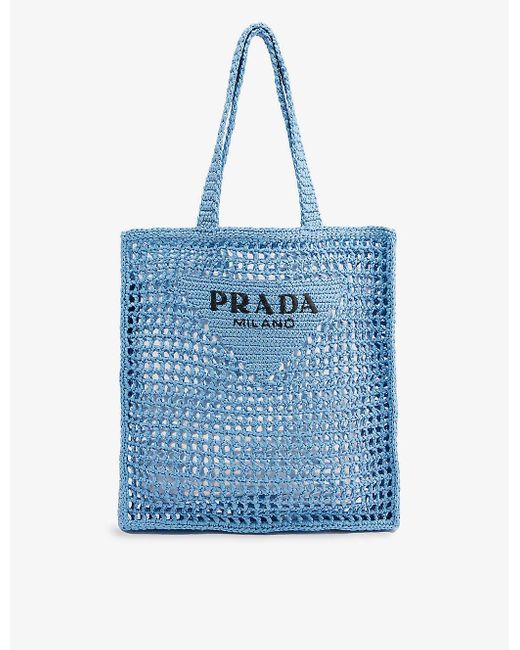 Prada Blue Logo Crochet Raffia Tote Bag for men