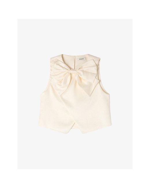 Sandro Natural Bow-Appliqué Cropped Satin Top