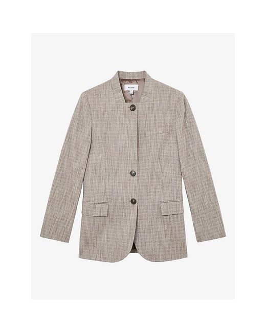 Reiss Gray Gia Collarless Checked Stretch Wool-Blend Jacket