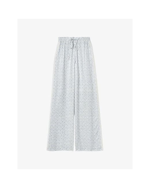 Claudie Pierlot White Floral-Print Lace-Trim Satin Trousers