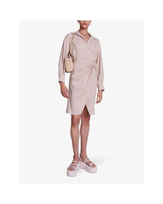 Maje Pink Open-collar Belted-waist Stretch Linen-blend Mini Dress