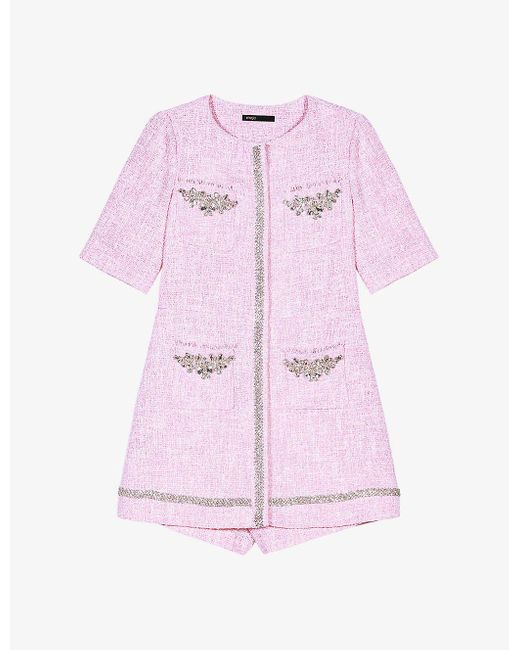 Maje Pink Rhinestone-embroidered Short-sleeve Tweed Playsuit