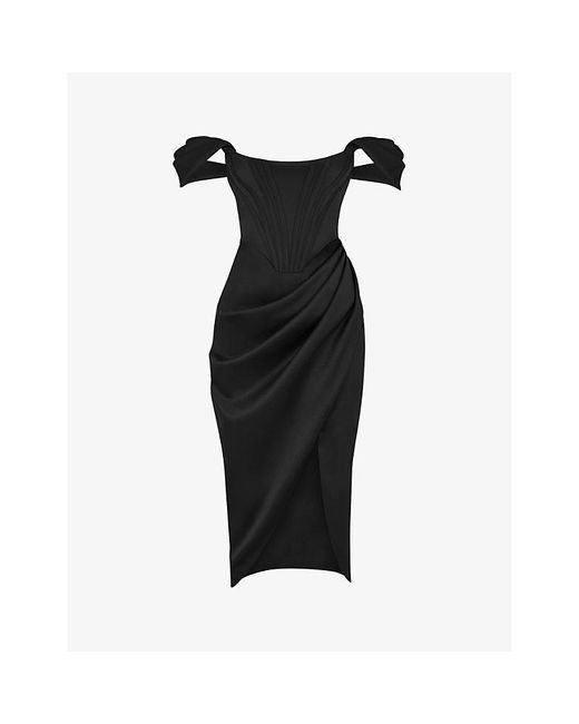 House Of Cb Black Loretta Off-Shoulder Satin Midi Dress