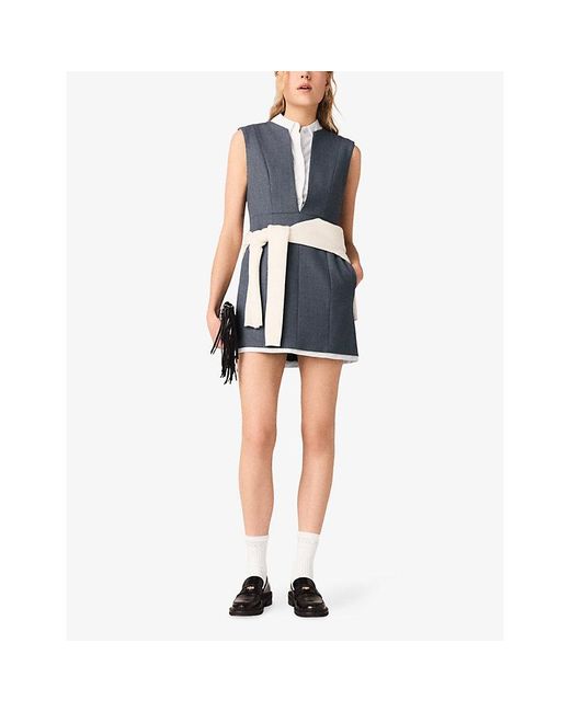 Maje Blue Layered-Effect Sleeveless Tailored Wool-Blend Mini Dress
