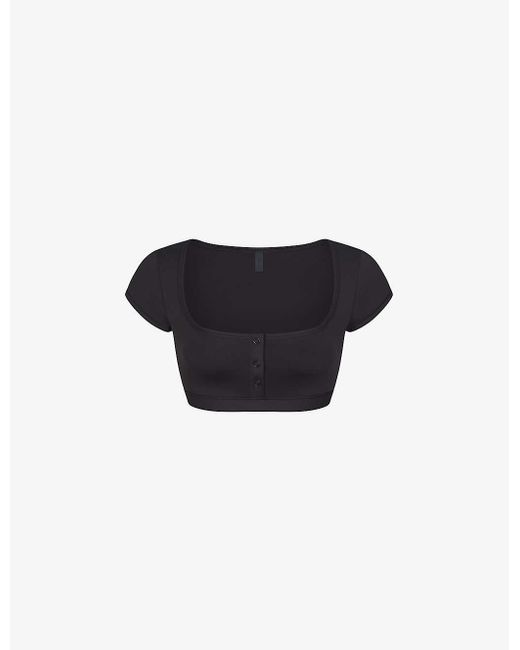Skims Black Signature Swim Round-neck Cropped Stretch Recycled-nylon Bikini Top