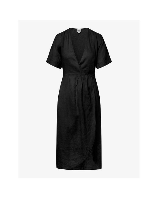 Twist & Tango Black Mya Wrap-front Short-sleeve Linen Midi Dress