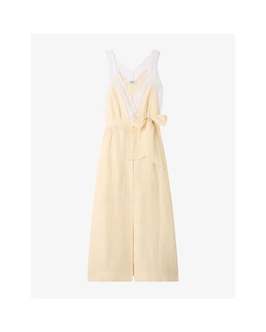 Sandro Natural Sleeveless Lace-Trim Linen-Blend Maxi Dress