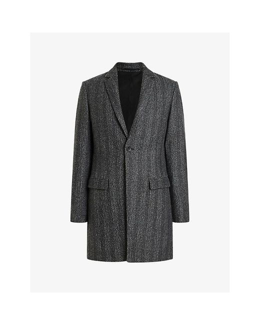 AllSaints Gray Manor Single-breasted Herringbone Recycled Wool-blend Coat for men