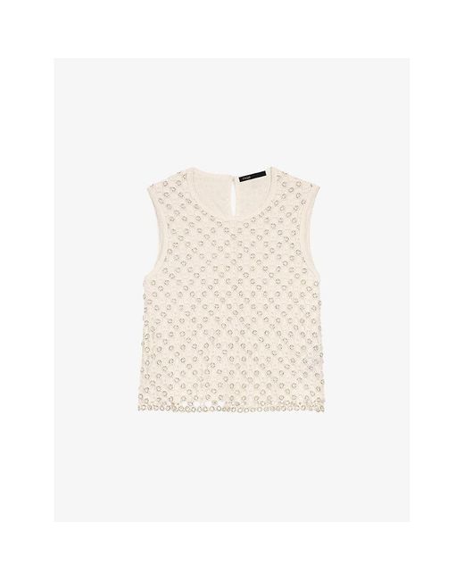 Maje Natural Bead-Embellished Crochet-Overlay Woven Top