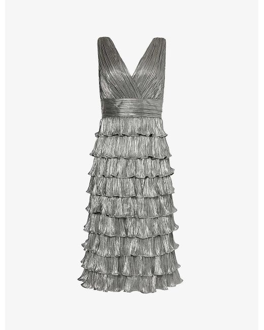 Zac Posen Gray Metallic Tiered-hem Woven Midi Dress