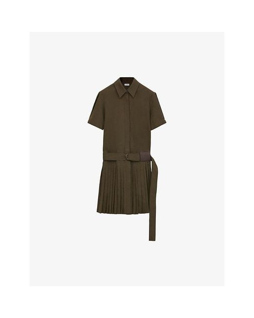 Loewe Green Pleated Short-Sleeve Cotton Blend Mini Dress