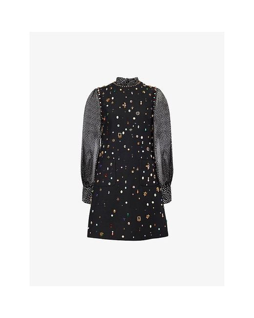 Valentino Garavani Black Embellished Long-Sleeves Wool And Silk Mini Dress